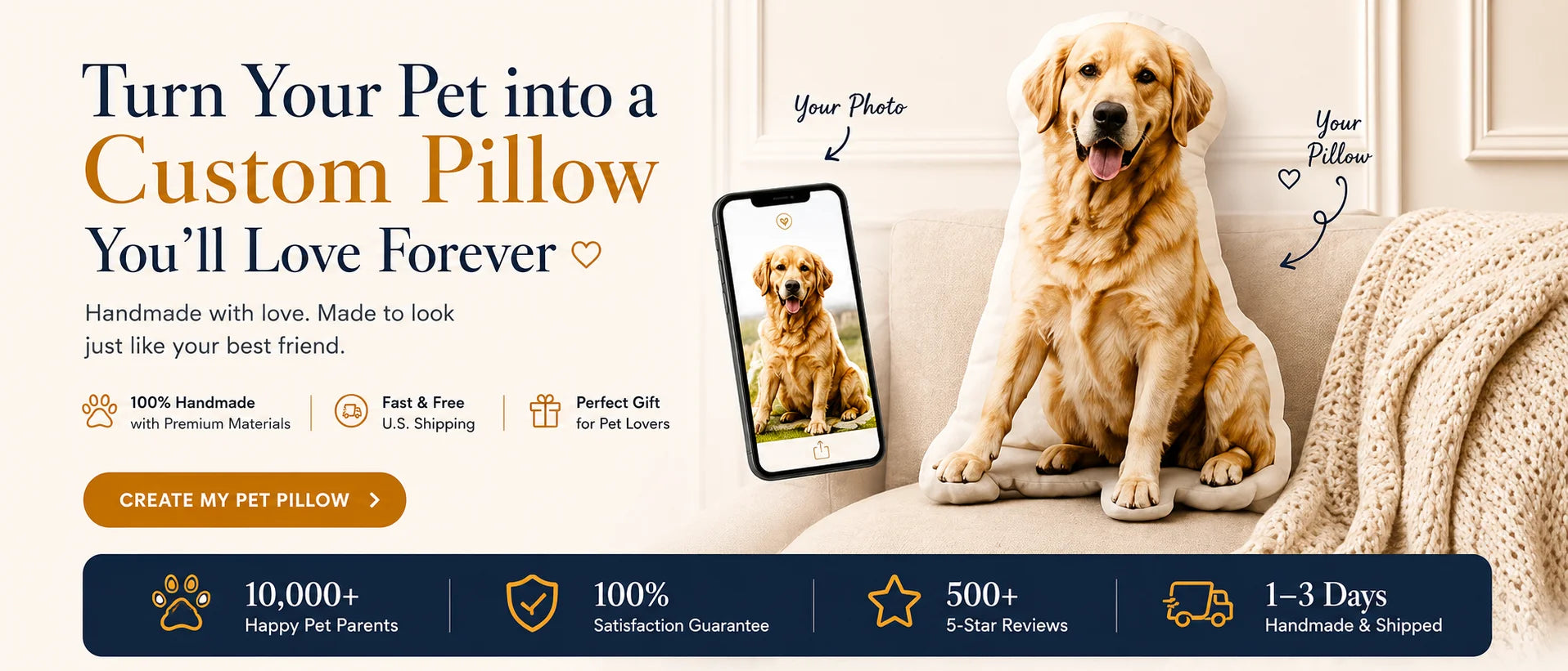 Promotional banner for a custom pet pillow service. On the left, large text reads 'Turn Your Pet into a Custom Pillow You'll Love Forever' with feature icons below.