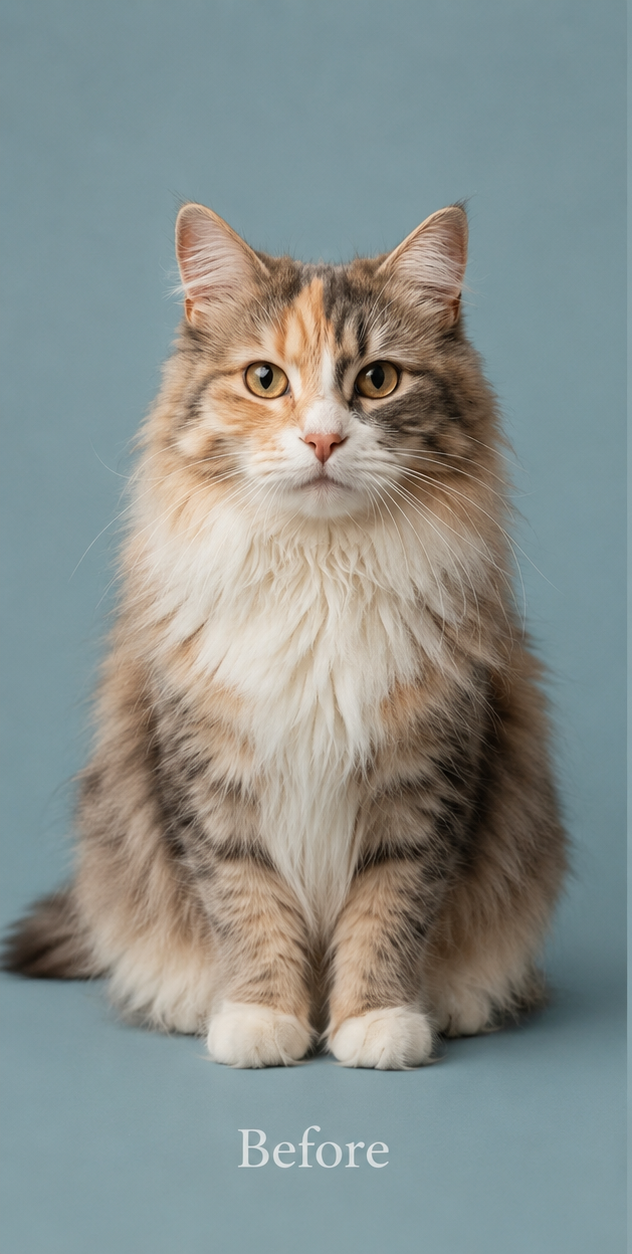 A side-by-side comparison labeled 'Before' and 'After' shows a long-haired calico cat sitting on a blue studio background, with the 'After' version depicted as a cat-shaped plush pillow or cushion that matches the cat's fur pattern and coloration.