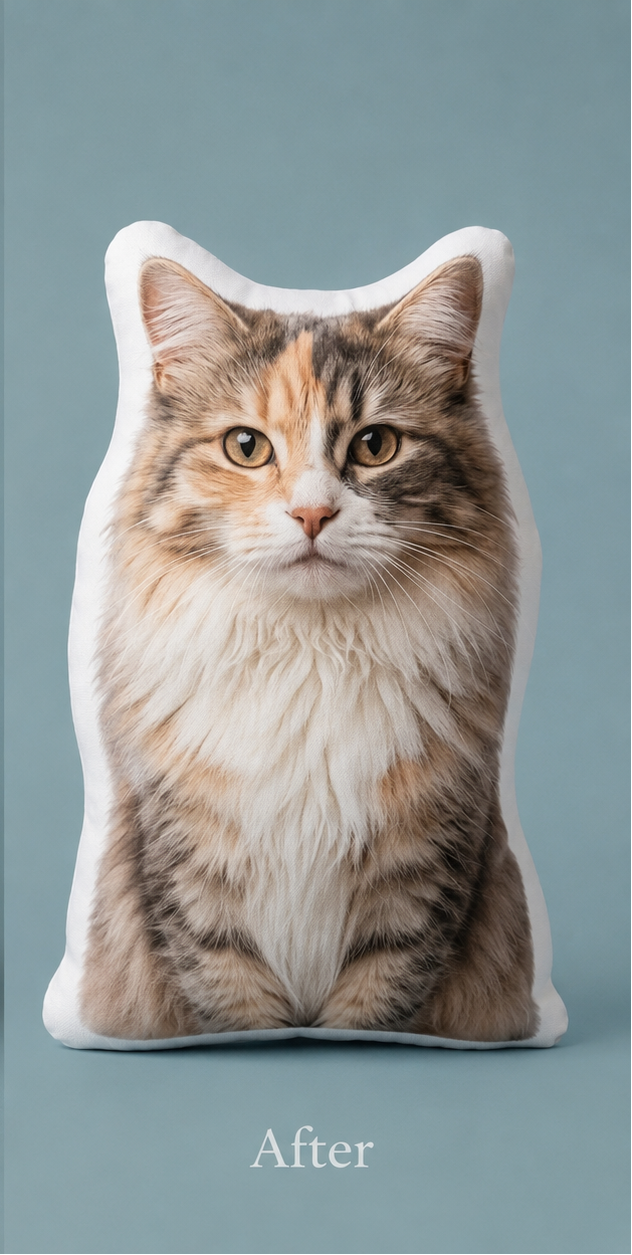 A side-by-side comparison labeled 'Before' and 'After' shows a long-haired calico cat sitting on a blue studio background, with the 'After' version depicted as a cat-shaped plush pillow or cushion that matches the cat's fur pattern and coloration.